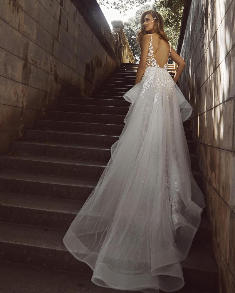 La8240 vintage lace wedding dress with detachable train and sheath silhouette5